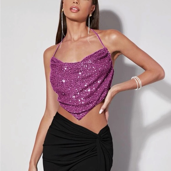 Purple Tie backless sequin halter top - Picture 1 of 4
